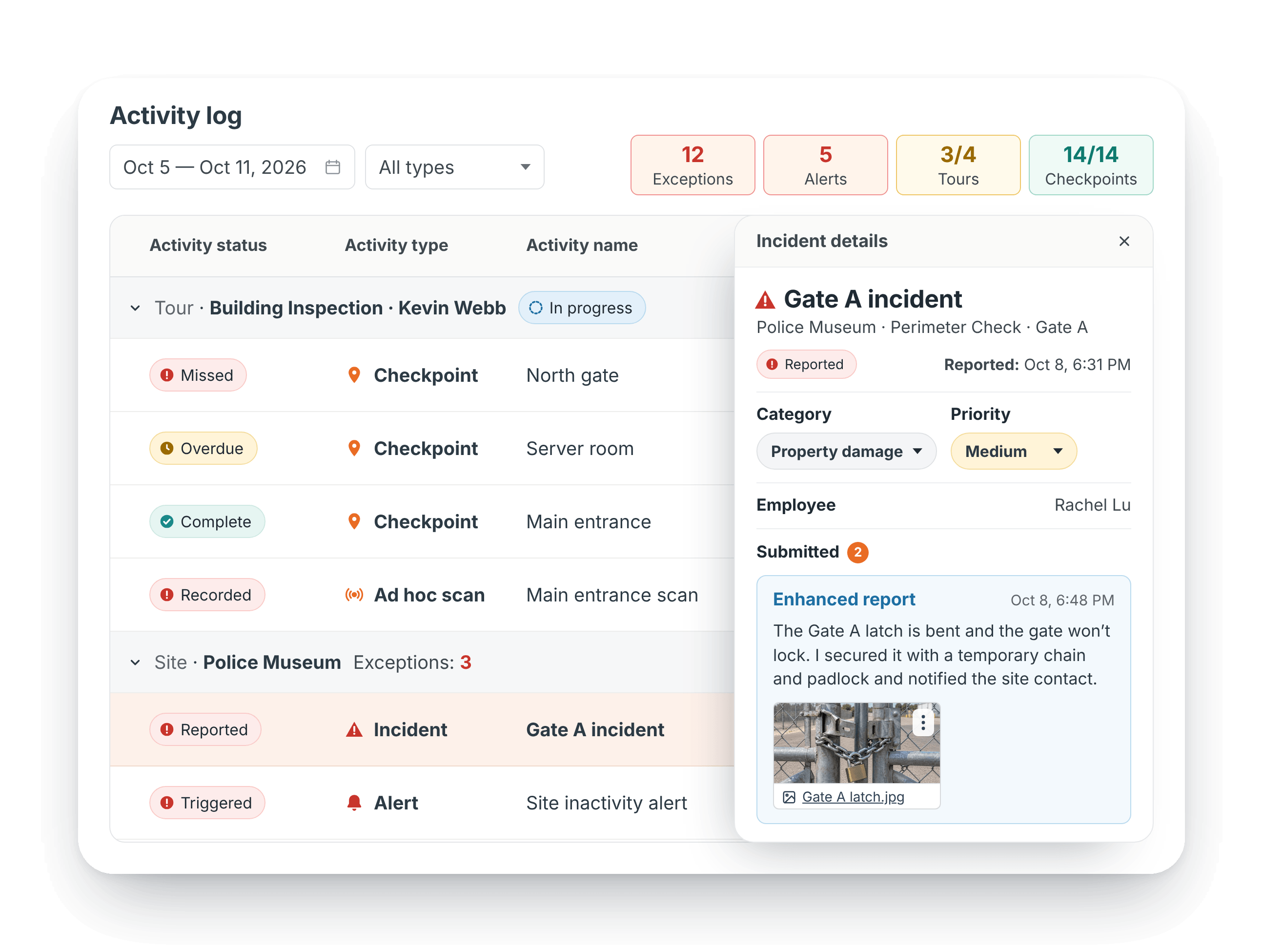 Activity log with incident details