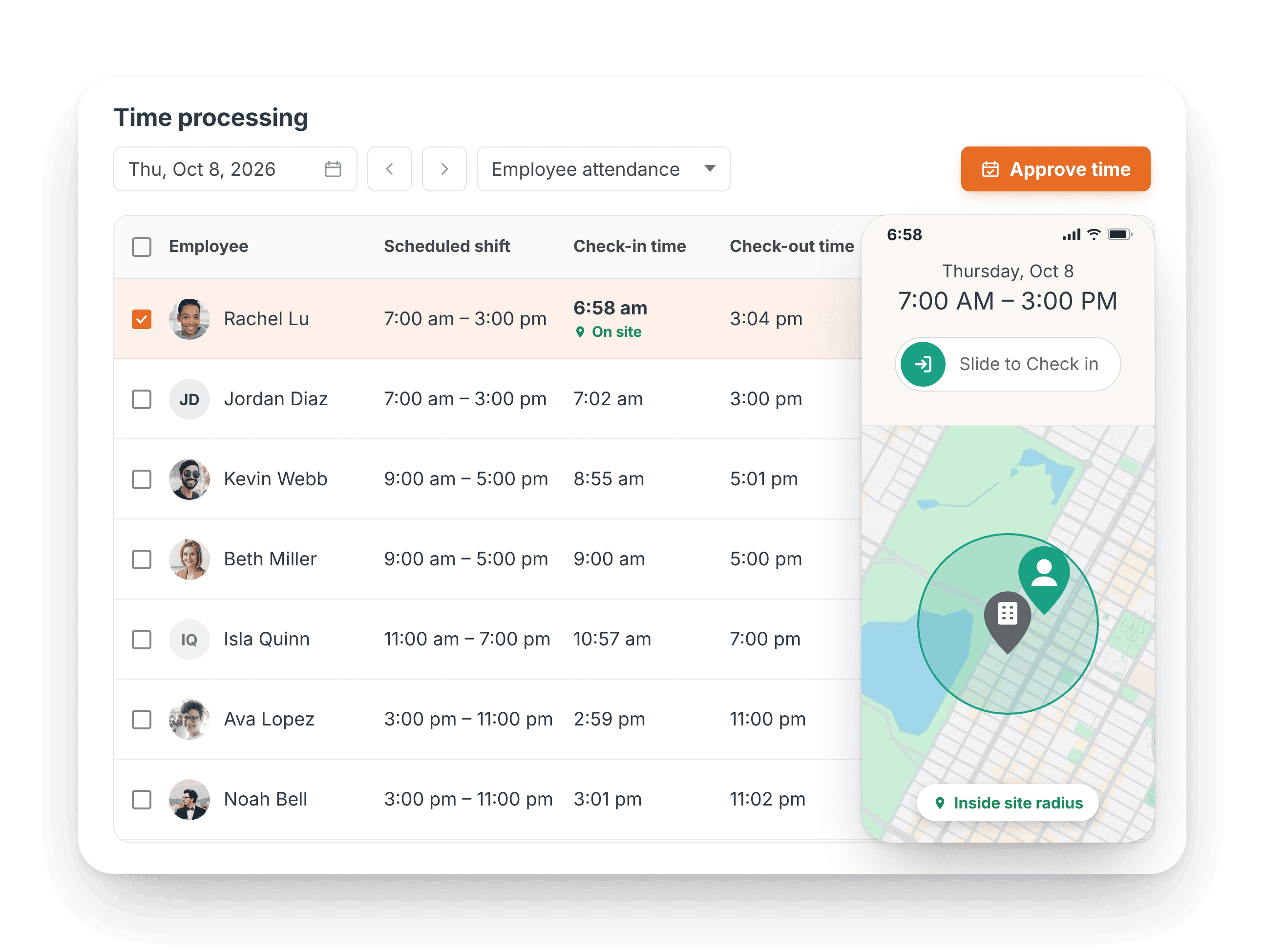 Time processing with a mobile geofenced check-in